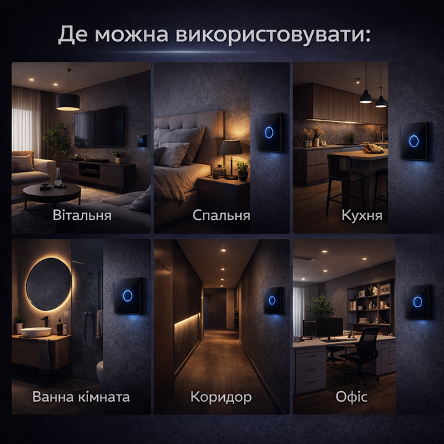 Сенсорний вимикач світла (1 клавіша), скляна панель, LED підсвітка, 220V - зображення 10