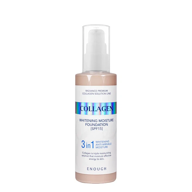 Тональный крем для лица осветляющий Enough 3 в 1 Сollagen Moisture Foundation SPF 15 100 мл, № 21 Песочно-бежевый - Фото 2 Тональный крем для лица осветляющий Enough 3 в 1 Сollagen Moisture Foundation SPF 15 100 мл, № 21 Песочно-бежевый - изображение 2