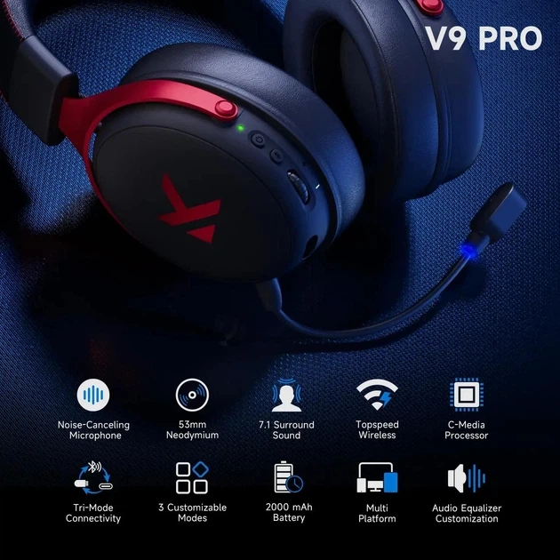 Навушники MCHOSE V9 PRO Black Бездротова Ігрова Гарнтура, Радиоканал/Bluetooth/3.5мм. Знімний Мікрофон, RGB Підсвічування, 7.1 Акумулятор 250 Годин. PC/PS4/PS5/Switch/Xbox - Фото 7 Навушники MCHOSE V9 PRO Black Бездротова Ігрова Гарнтура, Радиоканал/Bluetooth/3.5мм. Знімний Мікрофон, RGB Підсвічування, 7.1 Акумулятор 250 Годин. PC/PS4/PS5/Switch/Xbox - зображення 7
