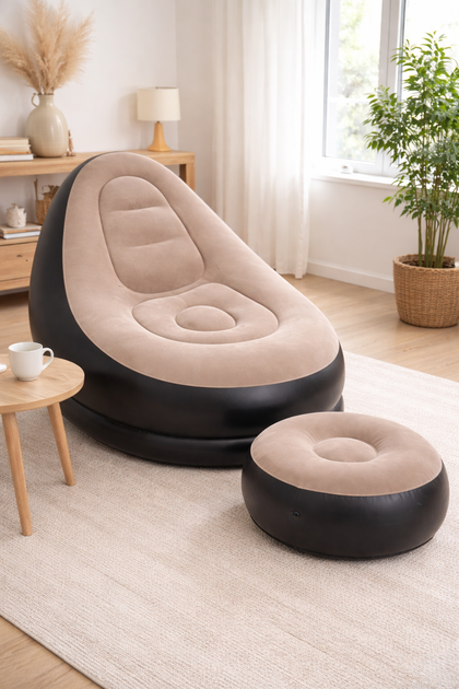 Надувное Велюровое Бежевое Кресло С Пуфом Удобный Диван Air Sofa Для Отдыха Дома Дачи Водонепроницаемый Бежевый Матрац Бежевий (386201) - изображение 2