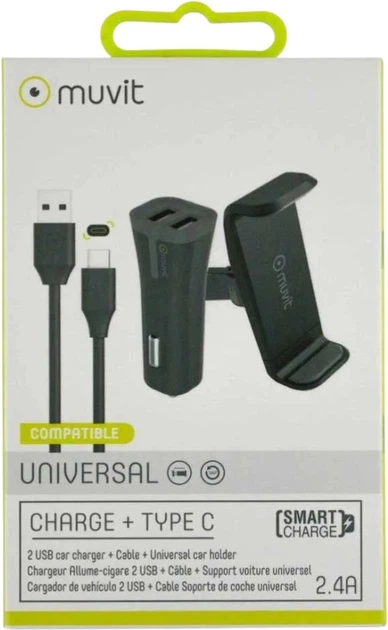Uchwyt na telefon Muvit Car Holder Airvent + Car Charger + Type-C Cable Black (MUPAK0328) - obraz 2