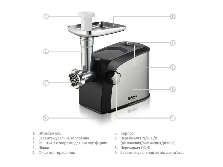 М'ясорубка електрична BITEK BT-3700 4200W з реверсом, 3 сітки для фаршу, насадки для ковбас і кеббе, насадки для овочів, соковитискач, потужна м'ясорубка з нержавіючим шнеком - Фото 4 М'ясорубка електрична BITEK BT-3700 4200W з реверсом, 3 сітки для фаршу, насадки для ковбас і кеббе, насадки для овочів, соковитискач, потужна м'ясорубка з нержавіючим шнеком - изображение 4
