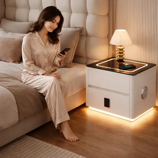 Смарт-тумба QYJXF02 (47х39х48 см) з екошкіри з LED-підсвіткою, USB, датчик руху, бездротова зарядка, Bluetooth-аудіо, Біла - Фото 3 Смарт-тумба QYJXF02 (47х39х48 см) з екошкіри з LED-підсвіткою, USB, датчик руху, бездротова зарядка, Bluetooth-аудіо, Біла - зображення 3
