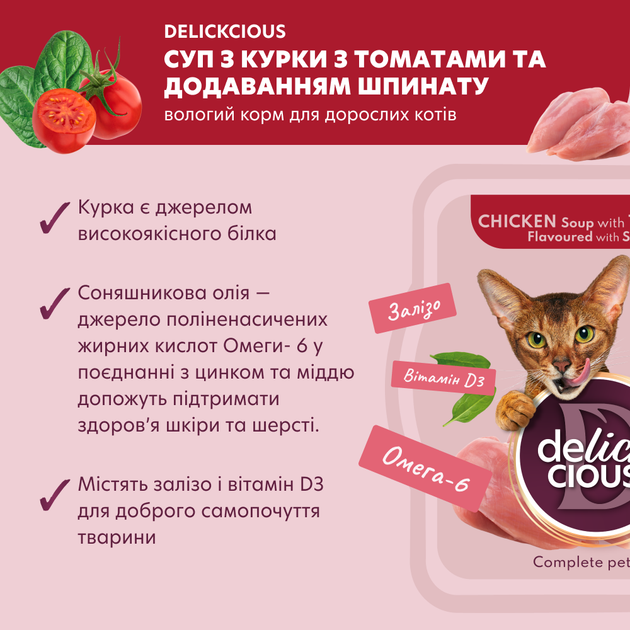 Консервований корм Delickcious Суп з курки з томатами та додаванням шпинату 80 г (D6251301) - Фото 2 Консервований корм Delickcious Суп з курки з томатами та додаванням шпинату 80 г (D6251301) - зображення 2