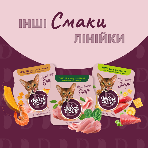 Консервований корм Delickcious Суп з курки з томатами та додаванням шпинату 80 г (D6251301) - Фото 6 Консервований корм Delickcious Суп з курки з томатами та додаванням шпинату 80 г (D6251301) - зображення 6