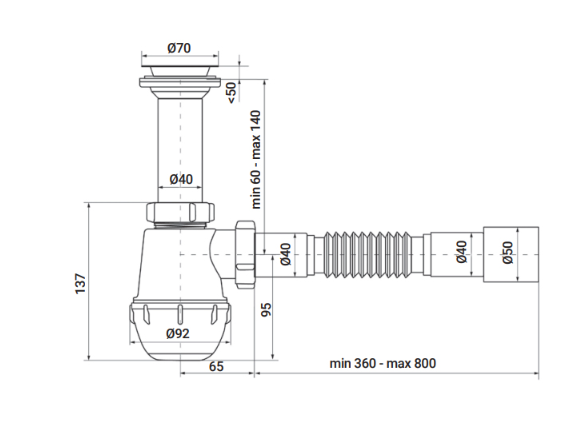 Сифон для кухонной мойки из нержавеющей стали Zerix 1 1/2"x40 c литым выпуском (4950) - изображение 2