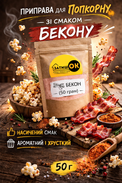 Приправа для попкорна бекон ЗатишОК 50 г посыпка порошок для попкорна и снеков со вкусом бекона для дома кино перекусов - Фото 1 Приправа для попкорна бекон ЗатишОК 50 г посыпка порошок для попкорна и снеков со вкусом бекона для дома кино перекусов - изображение 1