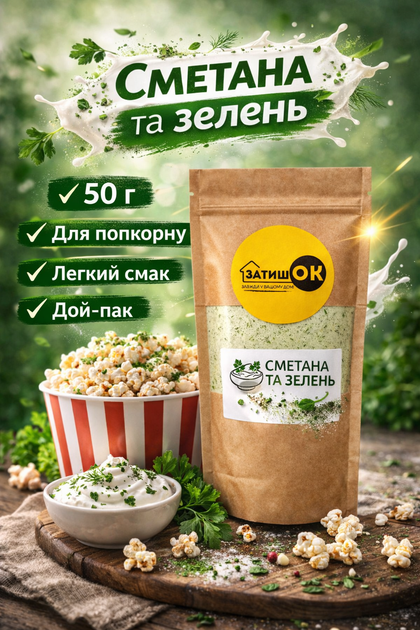 Приправа для попкорна сметана и зелень ЗатишОК 50 г посыпка порошок для попкорна и снеков со вкусом сметаны и зелени для дома кино перекусов - изображение 2