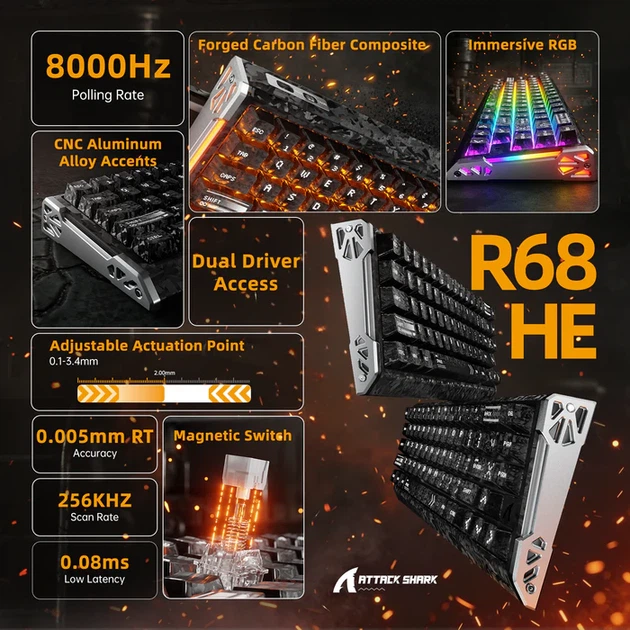 Клавіатура магнітна Attack Shark R68 HE Lnk Black Forged Carbon