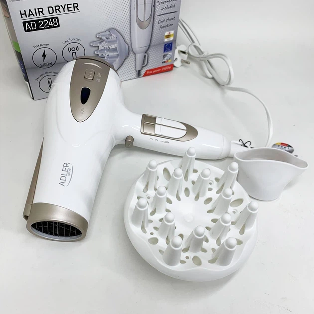 Электрический фен для волос Adler AD-2248 White 2400Вт для укладки и сушки с насадками с ионизацией - изображение 5