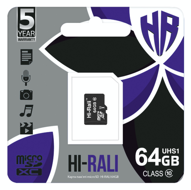 Карта Micro SDXC Hi-Rali память 64gb UHS-1 10 Class Черный - Фото 1 Карта Micro SDXC Hi-Rali память 64gb UHS-1 10 Class Черный - изображение 1