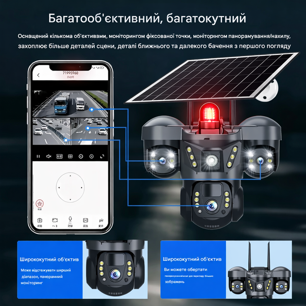 Уличная IP Wifi камера видеонаблюдения с тремя линзами на солнечной панели, V380 PRO - изображение 4