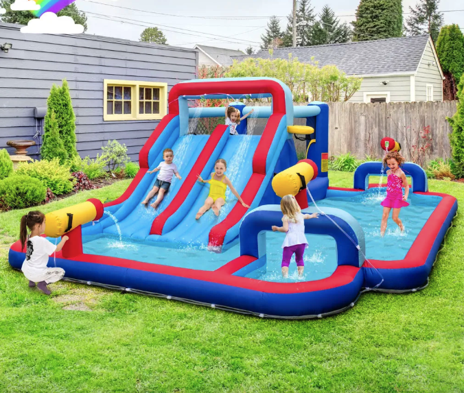 Надувний аквапарк Costway Fun Kids 6-в-1: гірка, басейн, скеледром, водяні гармати, батут, без вентилятора - зображення 2
