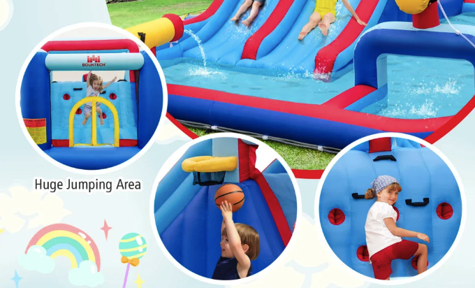 Надувний аквапарк Costway Fun Kids 6-в-1: гірка, басейн, скеледром, водяні гармати, батут, без вентилятора - зображення 7