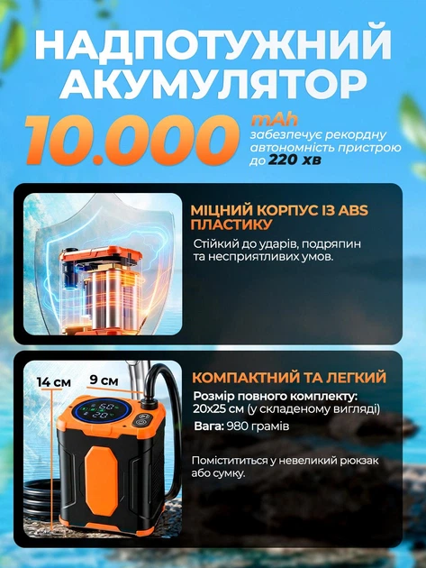 Душ портативный аккумуляторный MaxFlow 10000 mAh Переносной душ туристический с насосом полевой - изображение 3
