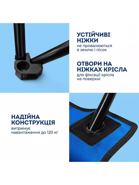 Розкладний стілець для відпочинку та риболовлі, туристичний складний стільчик зі спинкою, до 120 кг, синій - зображення 4