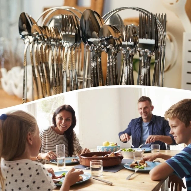 Набір столових приборів Top Kitchen 24 предмети з підставкою столовий набір ложок і вилок на 6 осіб золоте гравіювання ложки і вилки на підставці - зображення 3
