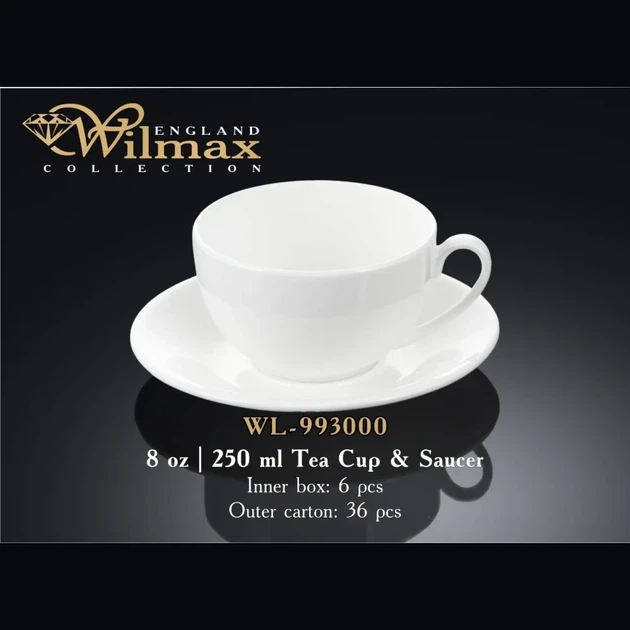 Чашка чайная фарфоровая с блюдцем Wilmax 250 мл (WL-993000) - Фото 2 Чашка чайная фарфоровая с блюдцем Wilmax 250 мл (WL-993000) - изображение 2