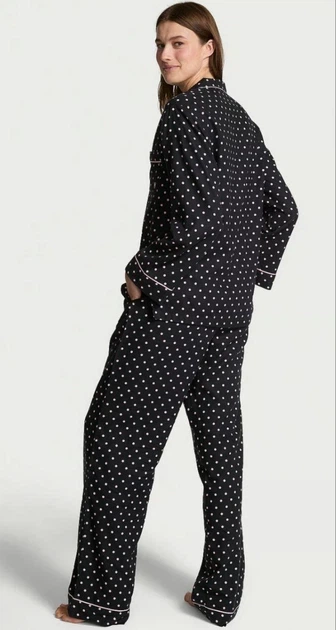 Фланелева Піжама Victoria's Secret Flannel Long Pajama Set M Regular Чорна в горох - изображение 3