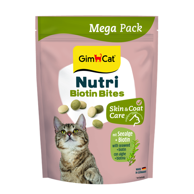 Вітаміни GimCat Nutri Biotin Bites для котів для покращення стану шерсті та шкіри з морськими водоростями 425 г - Фото 1 Вітаміни GimCat Nutri Biotin Bites для котів для покращення стану шерсті та шкіри з морськими водоростями 425 г - зображення 1