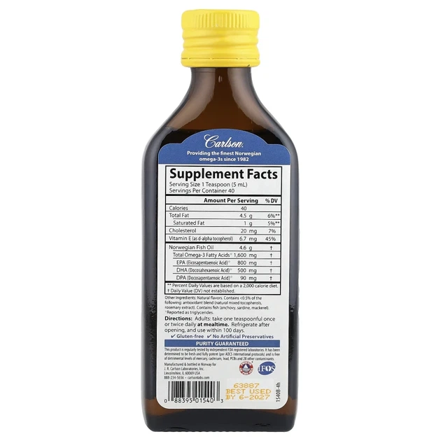 Риб'ячий жир норвезький зі смаком лимона Carlson (Fish Oil) 200 мл (CAR-01540) - изображение 2