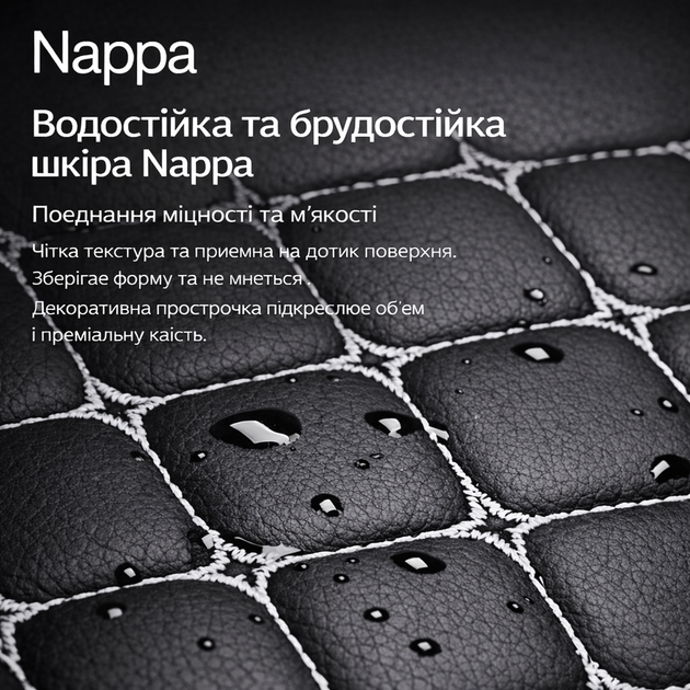 Универсальная накидка на сиденье авто из экокожи Nappa 49×50 см. автомобильная накидка на переднее сиденье с антискользким основанием и карманом черная с белой обшивкой - изображение 8
