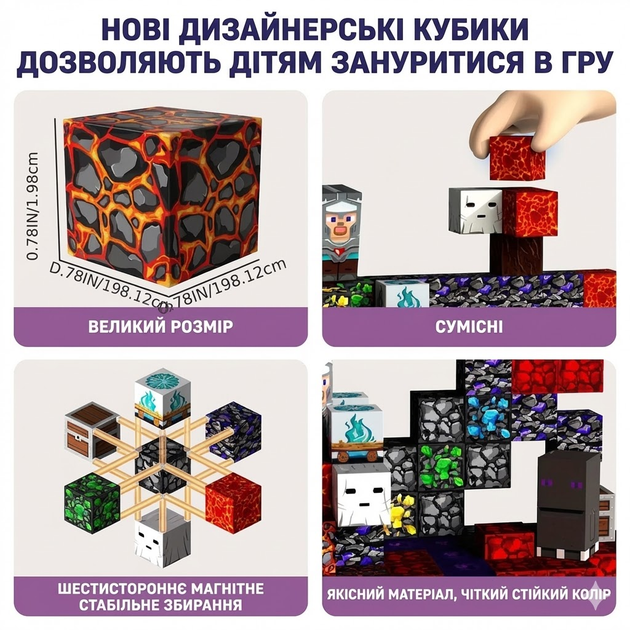Магнитный конструктор Minecraft 100 шт + ПОДАРОК 3 фигурки по игре Майнкрафт Подземелье и лава Mk001019 - изображение 5
