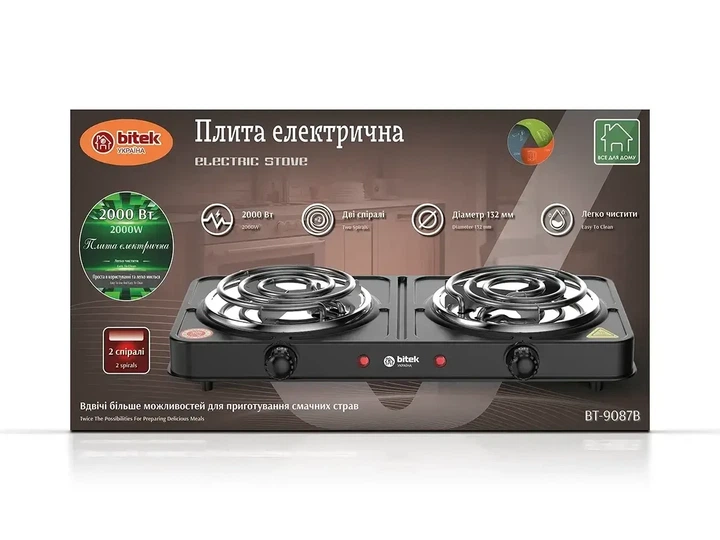 Двухконфорочная электроплита настольная, электроплита 2 конфорки, плита электро двойная 2000Вт 132мм BITEK BT-9087B - изображение 3