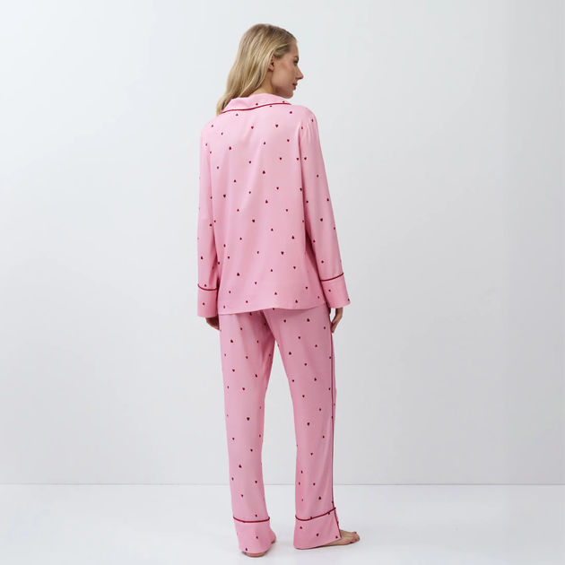 Женская пижама Aruelle cherie pajama long розовая с сердечками на рубашка пуговицах и штаны вискоза домашняя с длинным рукавом XS - изображение 4