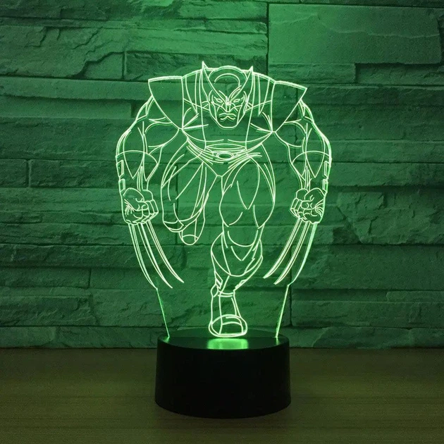 Светильник ночник декоративный ручной работы с пультом «Росомаха Логан (Wolverine) Marvel» 3D лампа с Led-подсветкой (7 цветов 4 режима) (3DP036) - изображение 3