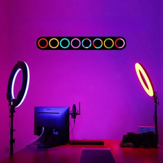 Професійна кільцева лампа RGB 3D 56 см з пультом + посилений штатив 2.1 м Remote, кільцева LED лампа для фото та відеозйомки 70Вт. - зображення 9