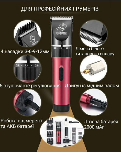 Машинка для стрижки тварин бездротова BaoRun P6 9447, червона - зображення 5