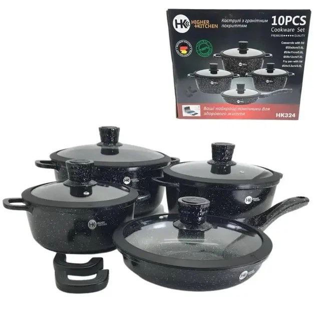 Набор кастрюль Higher Kitchen HK-324 гранитное покрытие Черный - Фото 3 Набор кастрюль Higher Kitchen HK-324 гранитное покрытие Черный - изображение 3