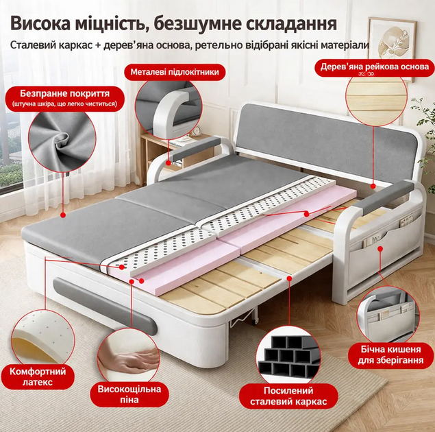 Раскладной диван-кровать 2 в 1 с колесами, крепким деревянным каркасом и удобным мягким сиденьем, идеален для дома, офиса и компактных помещений - Фото 5 Раскладной диван-кровать 2 в 1 с колесами, крепким деревянным каркасом и удобным мягким сиденьем, идеален для дома, офиса и компактных помещений - изображение 5