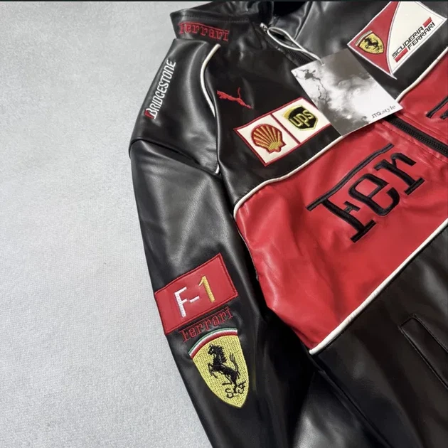 Шкіряна мото куртка у спортивному стилі з нашивками Ferrari Formula F1 у розмірі M - зображення 7