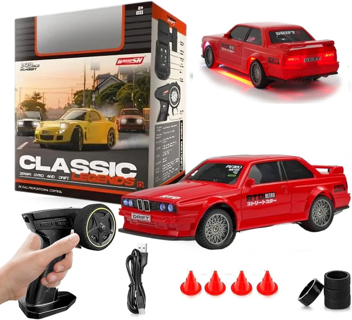 Радиоуправляемая машинка BMW E30 Mini Drift 1:43 4WD на пульте управления, RC дрифт автомобиль до 15 км/ч, LED, USB, комплект конусов - изображение 3