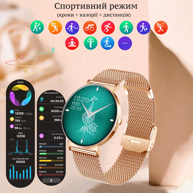 Смарт-годинник жіночий Smart Watch з дзвінками 1.27" тонкий корпус, 2 ремінці, IP68 - зображення 5