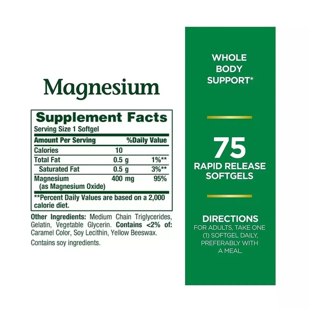 Магний, 400 мг, Magnesium, Nature's Bounty, 75 гелевых капсул - изображение 2