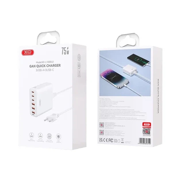 ЗП XO L133 Desktop GaN 3USB-A/3USB-C 75W 1.5m White - Фото 7 ЗП XO L133 Desktop GaN 3USB-A/3USB-C 75W 1.5m White - зображення 7
