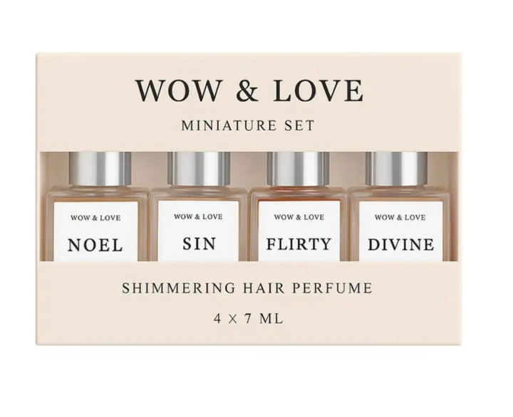 Сет мініатюр парфум-блиску для волосся Wow & Love Shimmering Hair Parfume Miniature Set, 7 мл х 4 шт - Фото 1 Сет мініатюр парфум-блиску для волосся Wow & Love Shimmering Hair Parfume Miniature Set, 7 мл х 4 шт - зображення 1