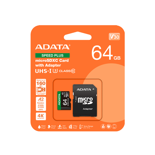 Карта пам'яті microSDXC (UHS-1 U3) A-DATA SPEED PLUS 64Gb Class 10 V30 A2 (R-160Mb/s W140Mb/s) (adapter SD) - изображение 2