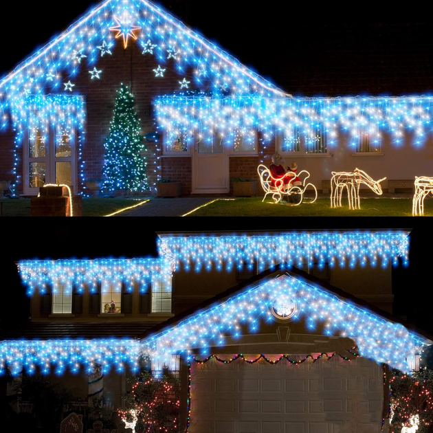 Уличная гирлянда-бахрома 10 м 400 LED синий+белый | Шторные светодиоды с таймером, 8 режимов, IP44 - изображение 2