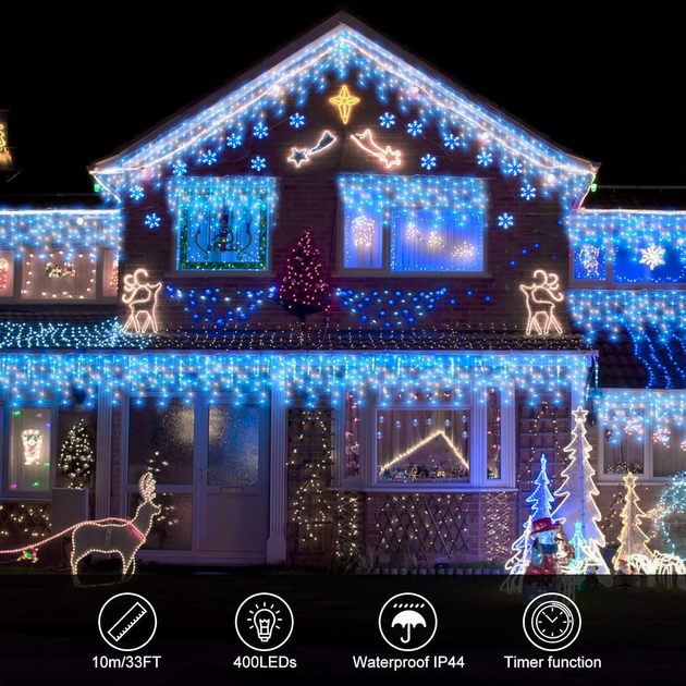 Уличная гирлянда-бахрома 10 м 400 LED синий+белый | Шторные светодиоды с таймером, 8 режимов, IP44 - изображение 6