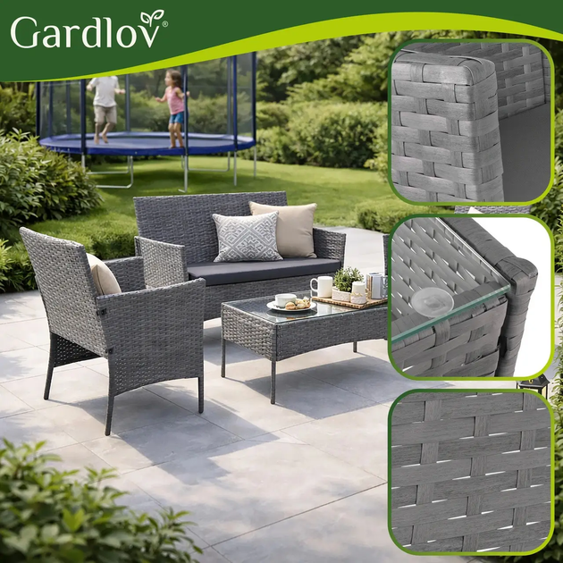 Комплект садових меблів із ротанга Gardlov 26907, диван + 2 крісла + столик, подушки, антрацит, техноротанг - зображення 5