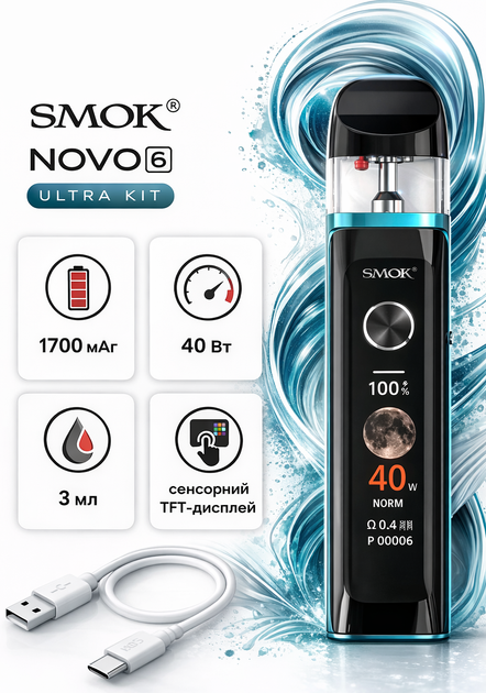 POD Smok Novo 6 Ultra KIT Lake Blue многразоовая Смок Ново электронная сигарета на 1700мАч до 40 Вт сенсорное управление быстрая зарядка картридж на 3 мл синяя - изображение 2
