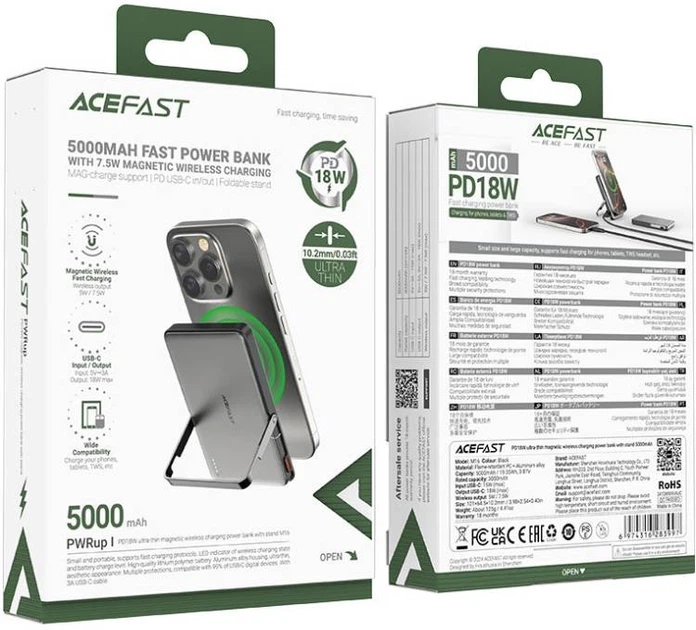 УМБ Acefast M16 Magnetic Wireless 5000 mAh 18W PD/QC3.0, USB-C In/Out, Metal Gray (6974316283997) - изображение 5