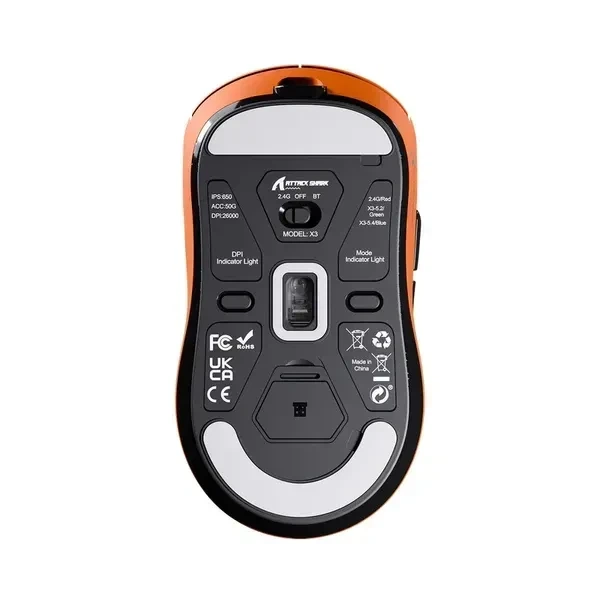 Ігрова безповідна мишка Attack shark X3 Orange, сеснсор PAW3395, (2,4\Bluetooth\USB), 26000 DPI, 1000 Ггц опитування, 49 г. вага - Фото 6 Ігрова безповідна мишка Attack shark X3 Orange, сеснсор PAW3395, (2,4\Bluetooth\USB), 26000 DPI, 1000 Ггц опитування, 49 г. вага - зображення 6