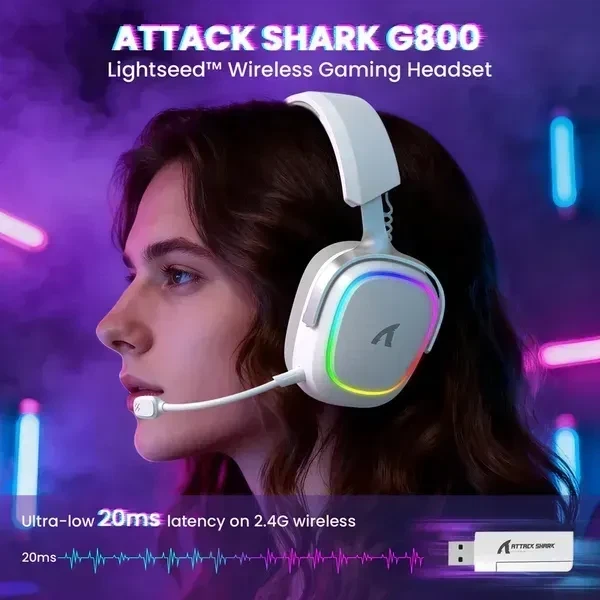 Бездротові ігрові навушники Attack Shark G800 White Геймерська гарнітура з мікрофоном та 2.4 ГГц / Bluetooth - Фото 3 Бездротові ігрові навушники Attack Shark G800 White Геймерська гарнітура з мікрофоном та 2.4 ГГц / Bluetooth - зображення 3