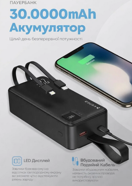 Повербанк Kensa 30000 mAh універсальний повербанк з швидкою зарядкою 22.5W та вбудованими кабелями - зображення 3