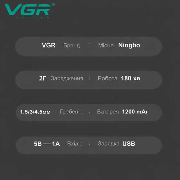Аккумуляторная Машинка для стрижки VGR V-989 от USB с LED дисплеем 3 насадки - изображение 7